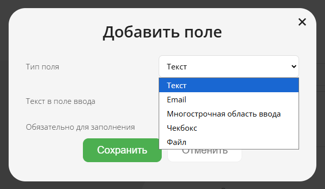 Окно добавления поля ввода